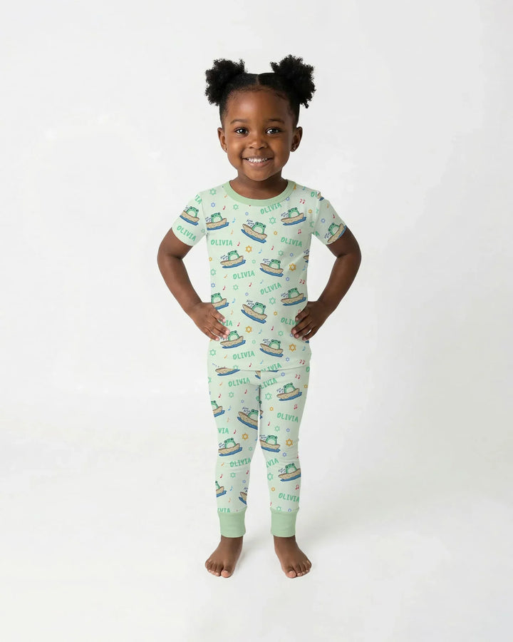 Frogs Here, Frogs There Passover Custom Name Two Piece Short Sleeve Pajama Set