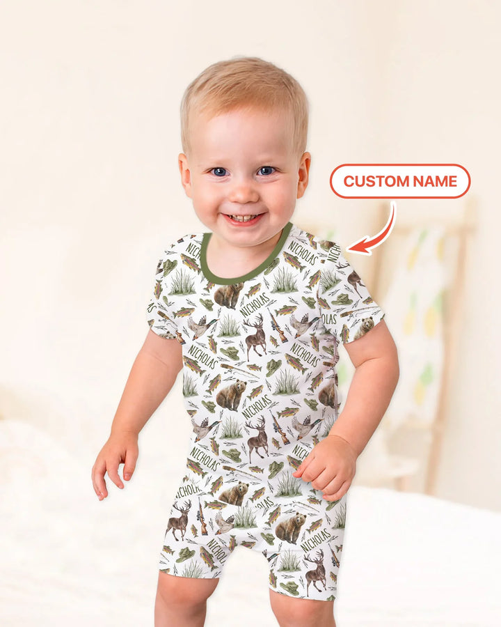 Custom Name Little Hunter Bamboo Two Piece Short Sleeve Shorts Pajama Set