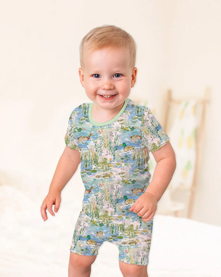 Watercolor Mallard Duck Bamboo Two Piece Short Sleeve Shorts Pajama Set
