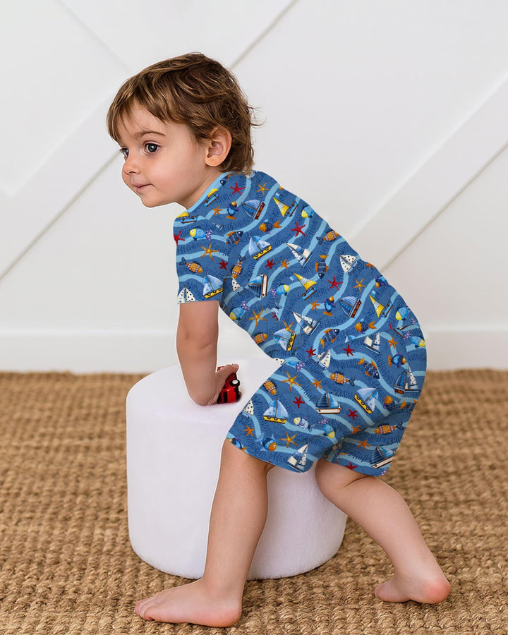 Conjunto de pijama de dos piezas de bambú, manga corta y pantalón corto, a juego para la familia Blue Sail La Vie