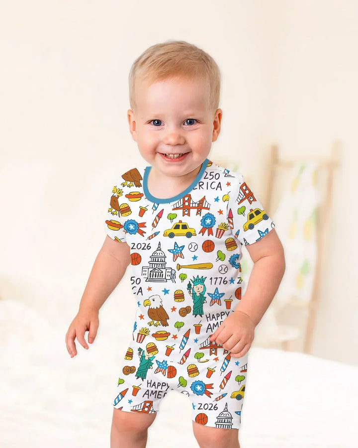 Happy 250 America 7626 Bamboo Two Piece Short Sleeve Shorts Pajama Set