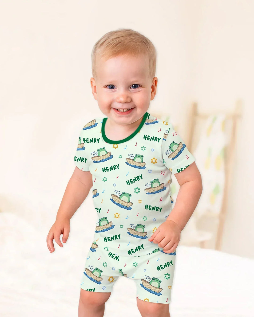 Frogs Here, Frogs There Passover Custom Name Two Piece Short Sleeve Shorts Pajama Set