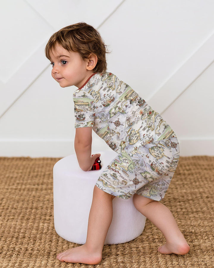 Conjunto de pijama de dos piezas de bambú de manga corta y pantalón corto a juego para papá y bebé de mapa del tesoro pirata