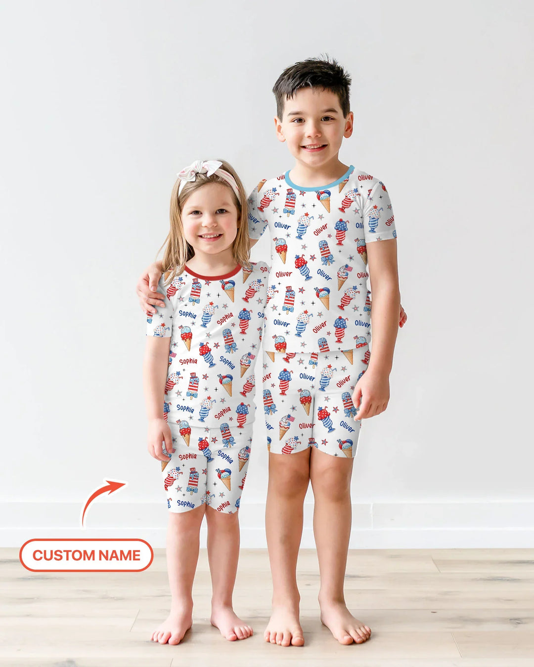 Custom Name Red, White & Ice Cream Bamboo Two Piece Short Sleeve Shorts Pajama Set