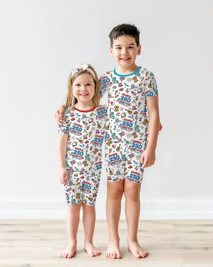 Happy 250 America I love USA Bamboo Two Piece Short Sleeve Shorts Pajama Set