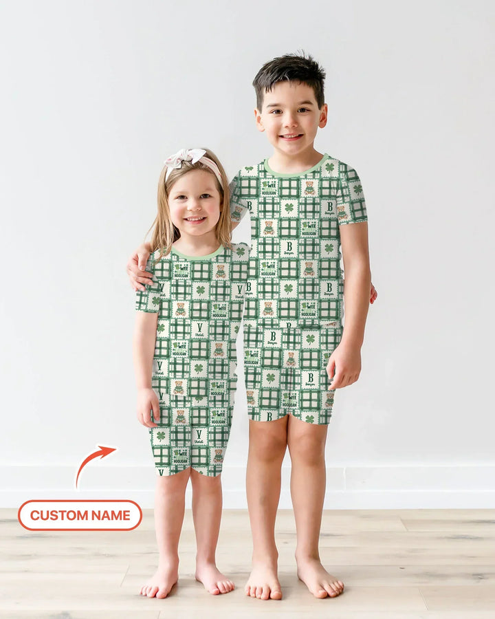 Custom Name Teddy Bear Gingham St. Patrick's Day Two Piece Short Sleeve Shorts Pajama Set