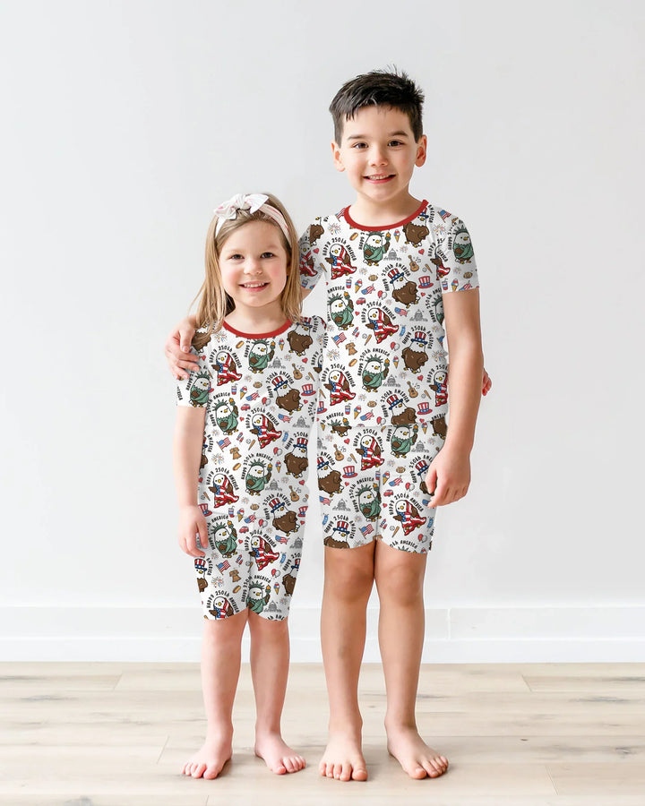 Happy 250th America Cute Patriotic Eagles Family Matching Bamboo Two Piece Short Sleeve Shorts Pajama Set