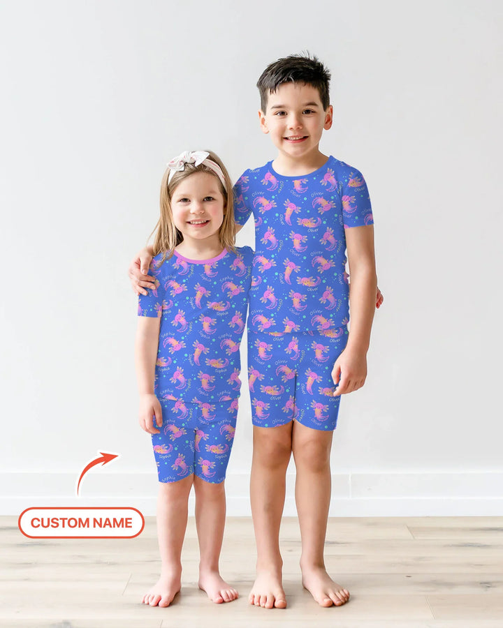 Conjunto de pijama de dos piezas de bambú con nombre personalizado de Axolote que brilla en la oscuridad, de manga corta y pantalón corto