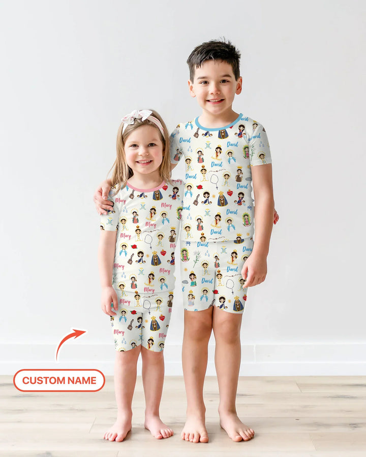 Pijama de dos piezas de bambú de manga corta y pantalón corto con nombre personalizado de la Virgen María