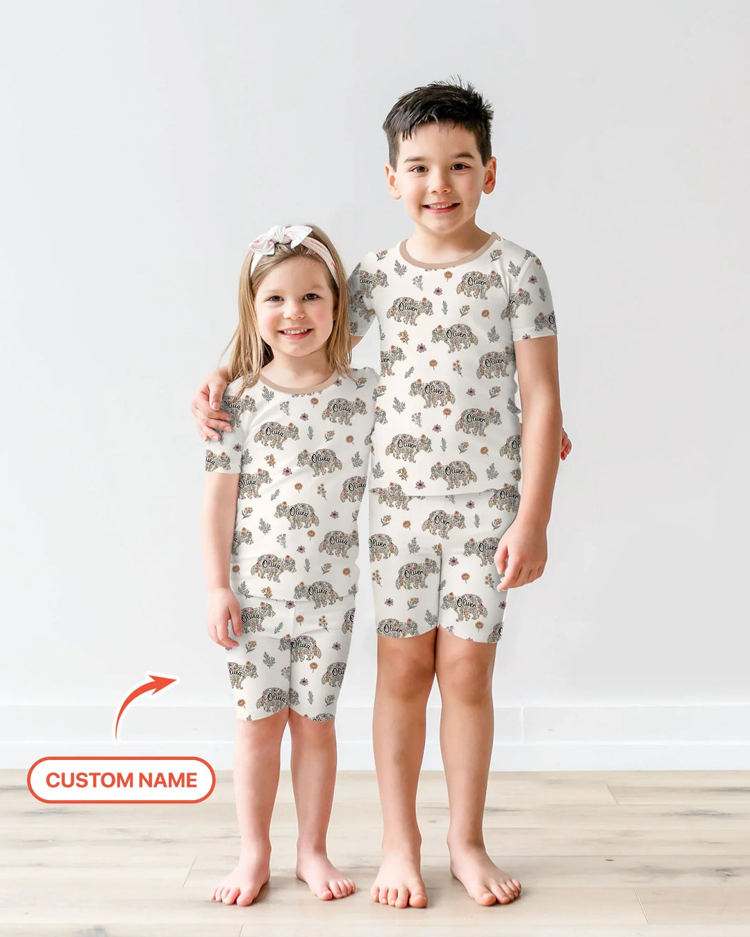 Custom Name Floral Bear Family Matching Bamboo Two Piece Short Sleeve Shorts Pajama Set