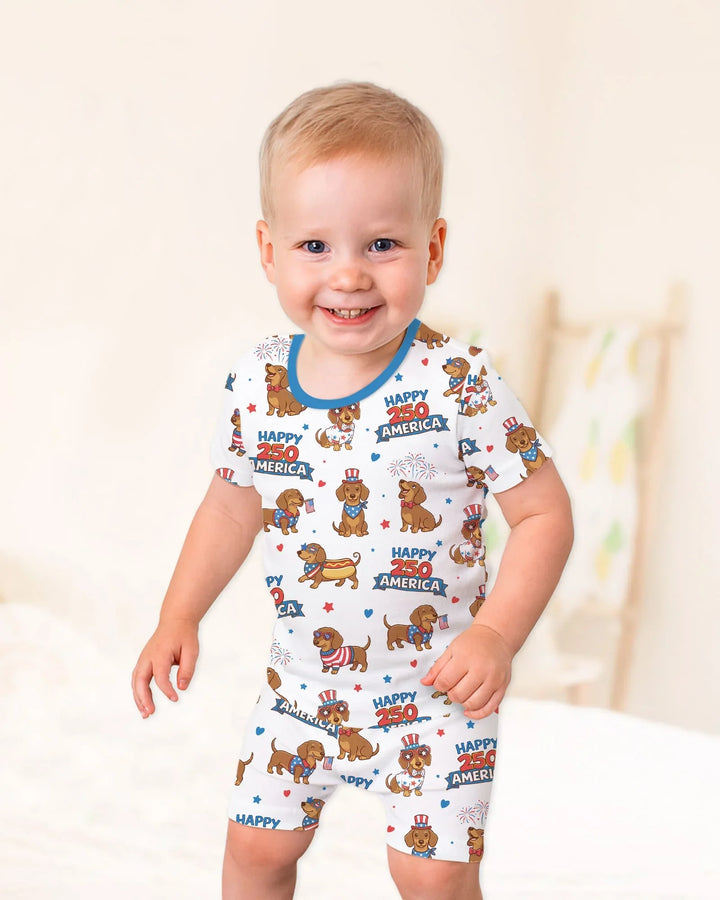 Red, White & Wiener Bamboo Two Piece Short Sleeve Shorts Pajama Set