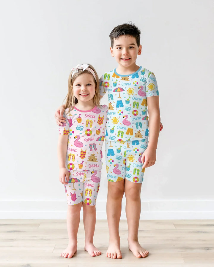 Conjunto de pijama de dos piezas de bambú personalizado de verano divertido con pantalón corto y manga corta
