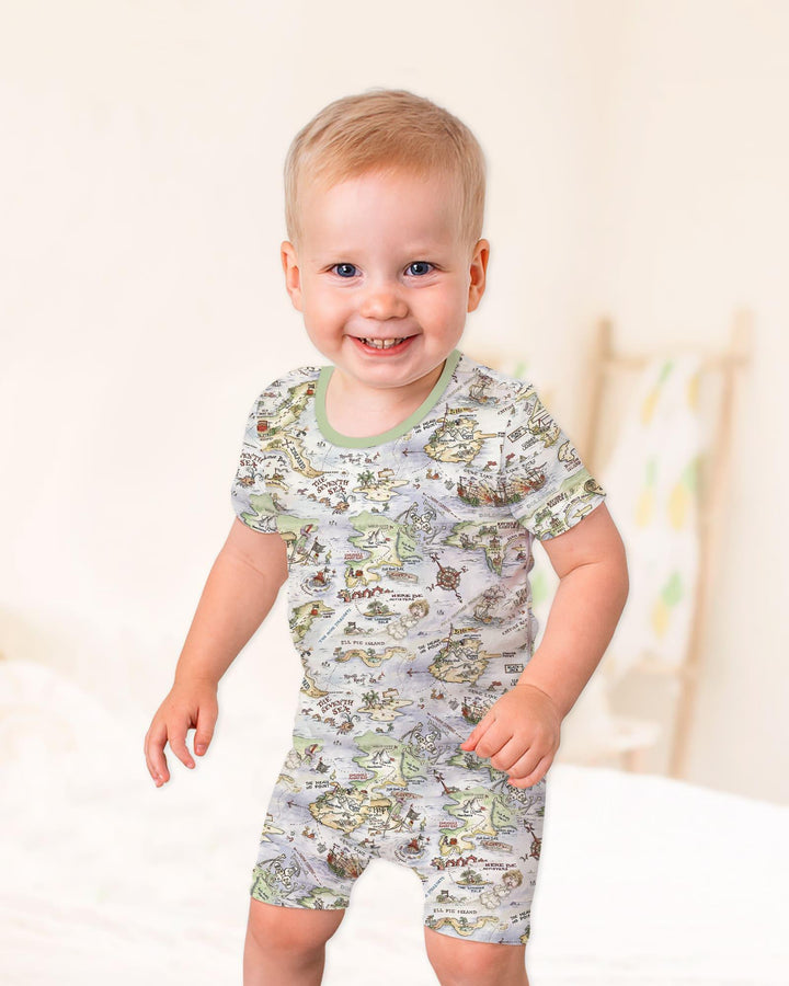 Conjunto de pijama de dos piezas de bambú de manga corta y pantalón corto a juego para papá y bebé de mapa del tesoro pirata
