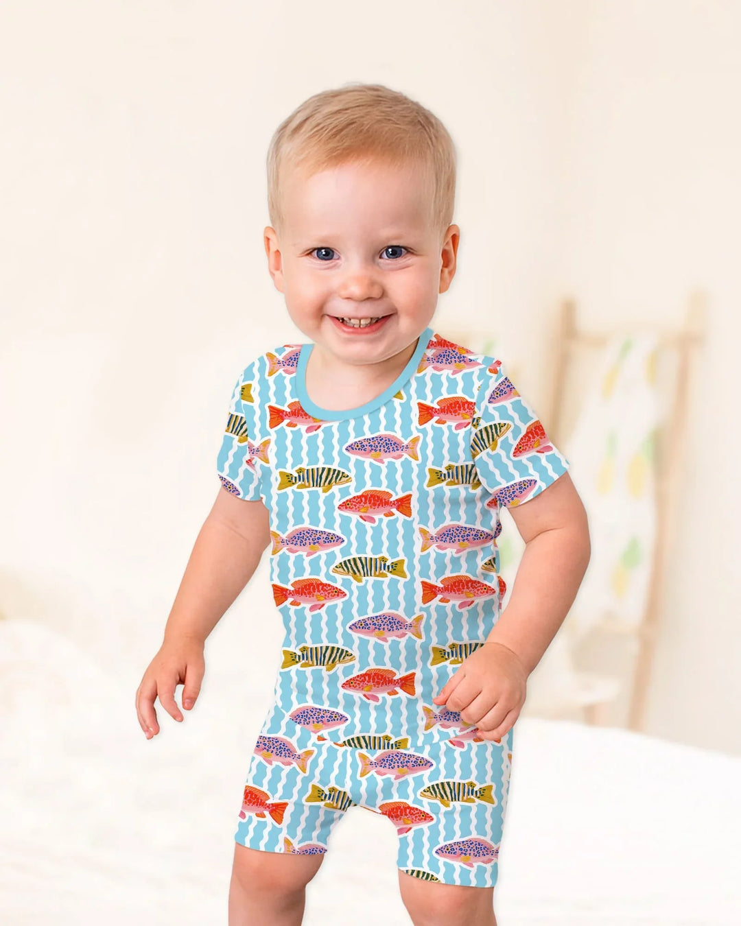 Preppy Fish Crew Bamboo Two Piece Short Sleeve Shorts Pajama Set