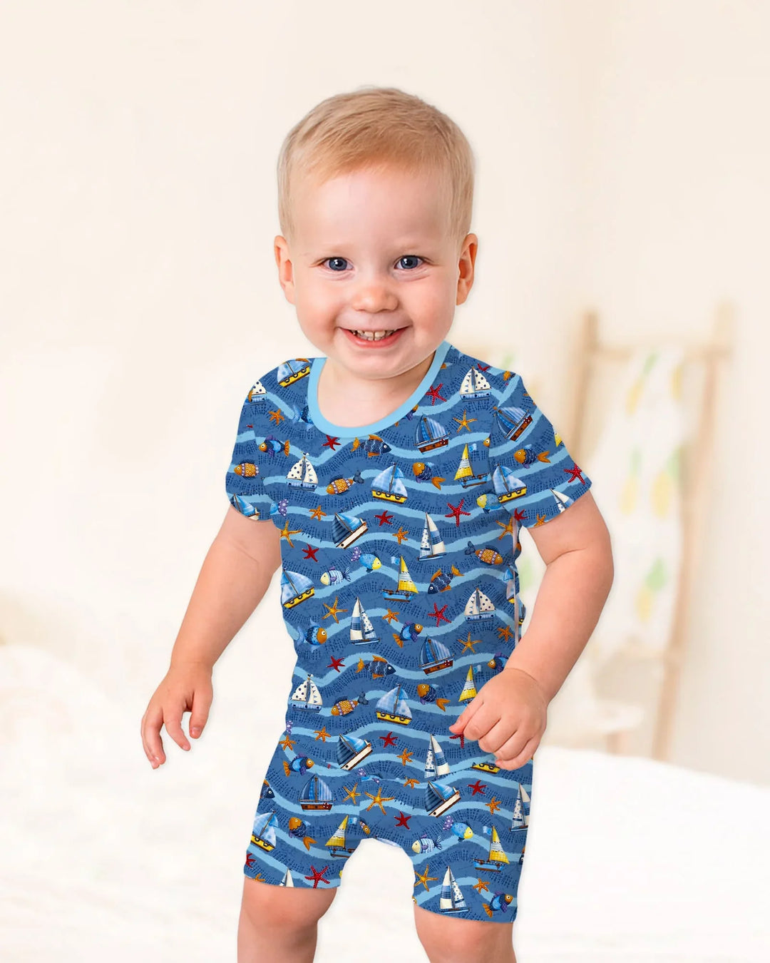 Conjunto de pijama de dos piezas de bambú, manga corta y pantalón corto, a juego para la familia Blue Sail La Vie