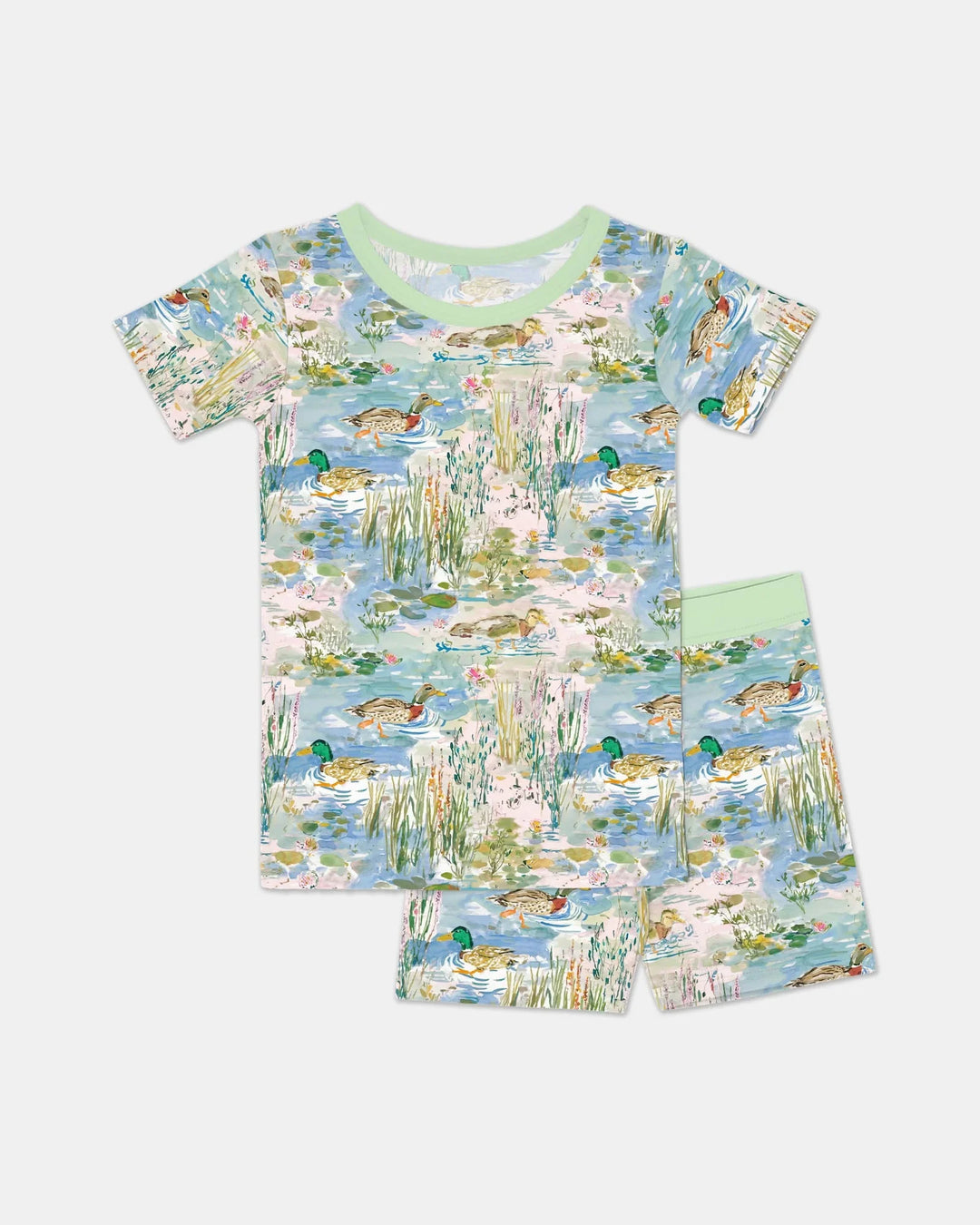 Watercolor Mallard Duck Bamboo Two Piece Short Sleeve Shorts Pajama Set
