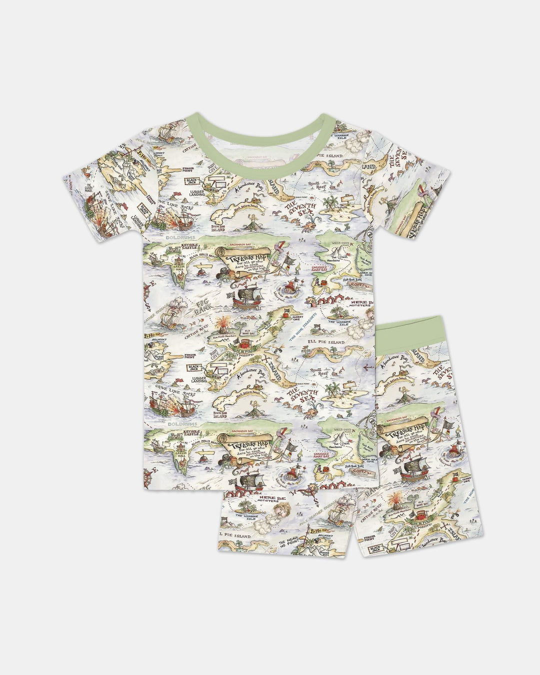 Conjunto de pijama de dos piezas de bambú de manga corta y pantalón corto a juego para papá y bebé de mapa del tesoro pirata