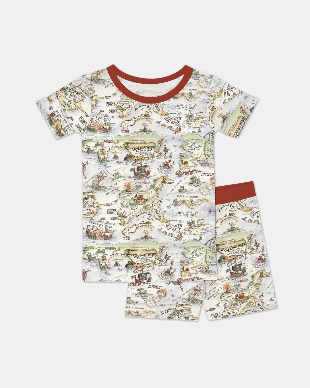 Conjunto de pijama de dos piezas de bambú de manga corta y pantalón corto a juego para papá y bebé de mapa del tesoro pirata