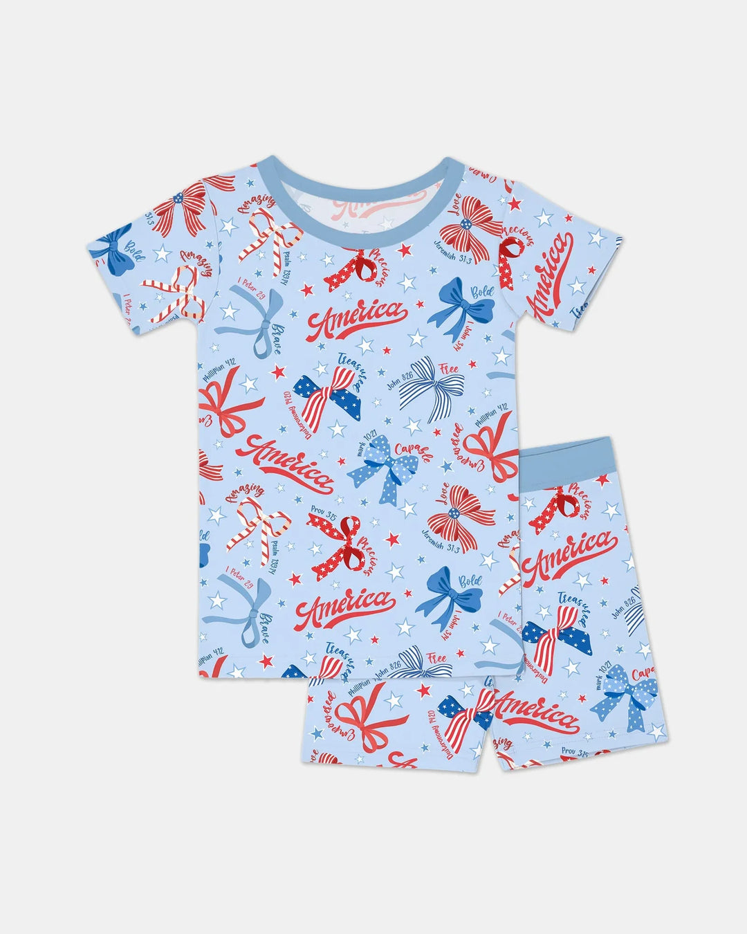 Pijama de dos piezas con pantalón corto y manga corta de bambú, estilo femenino y patriótico