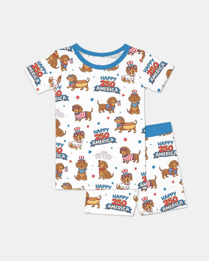 Red, White & Wiener Bamboo Two Piece Short Sleeve Shorts Pajama Set