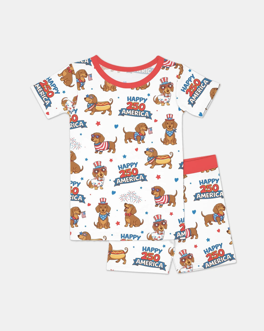 Red, White & Wiener Bamboo Two Piece Short Sleeve Shorts Pajama Set
