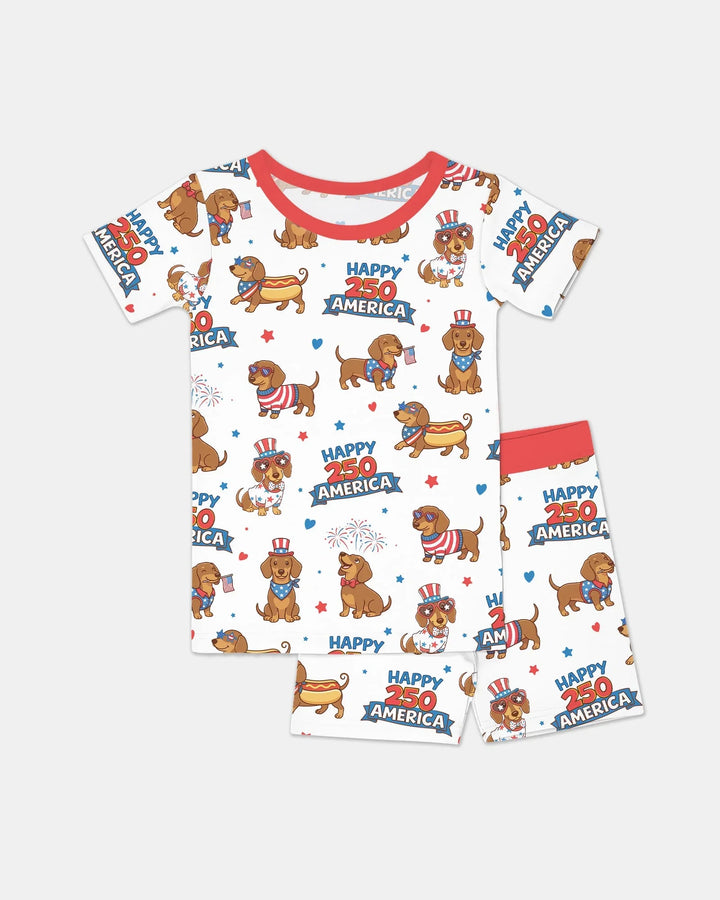 Red, White & Wiener Bamboo Two Piece Short Sleeve Shorts Pajama Set