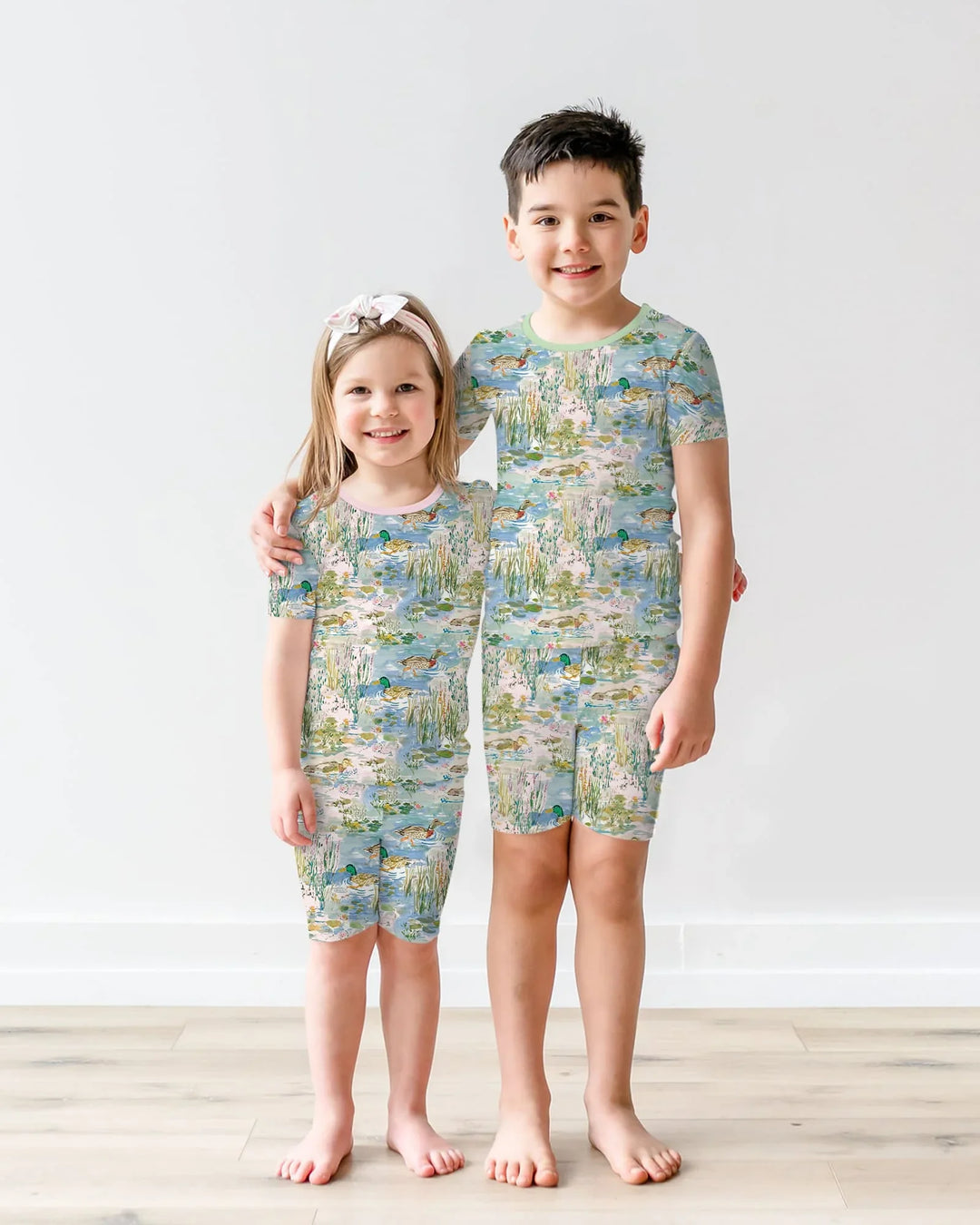 Watercolor Mallard Duck Bamboo Two Piece Short Sleeve Shorts Pajama Set