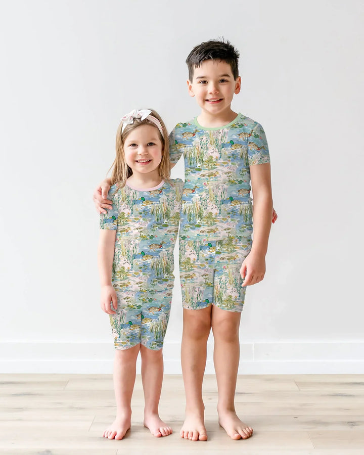 Watercolor Mallard Duck Bamboo Two Piece Short Sleeve Shorts Pajama Set