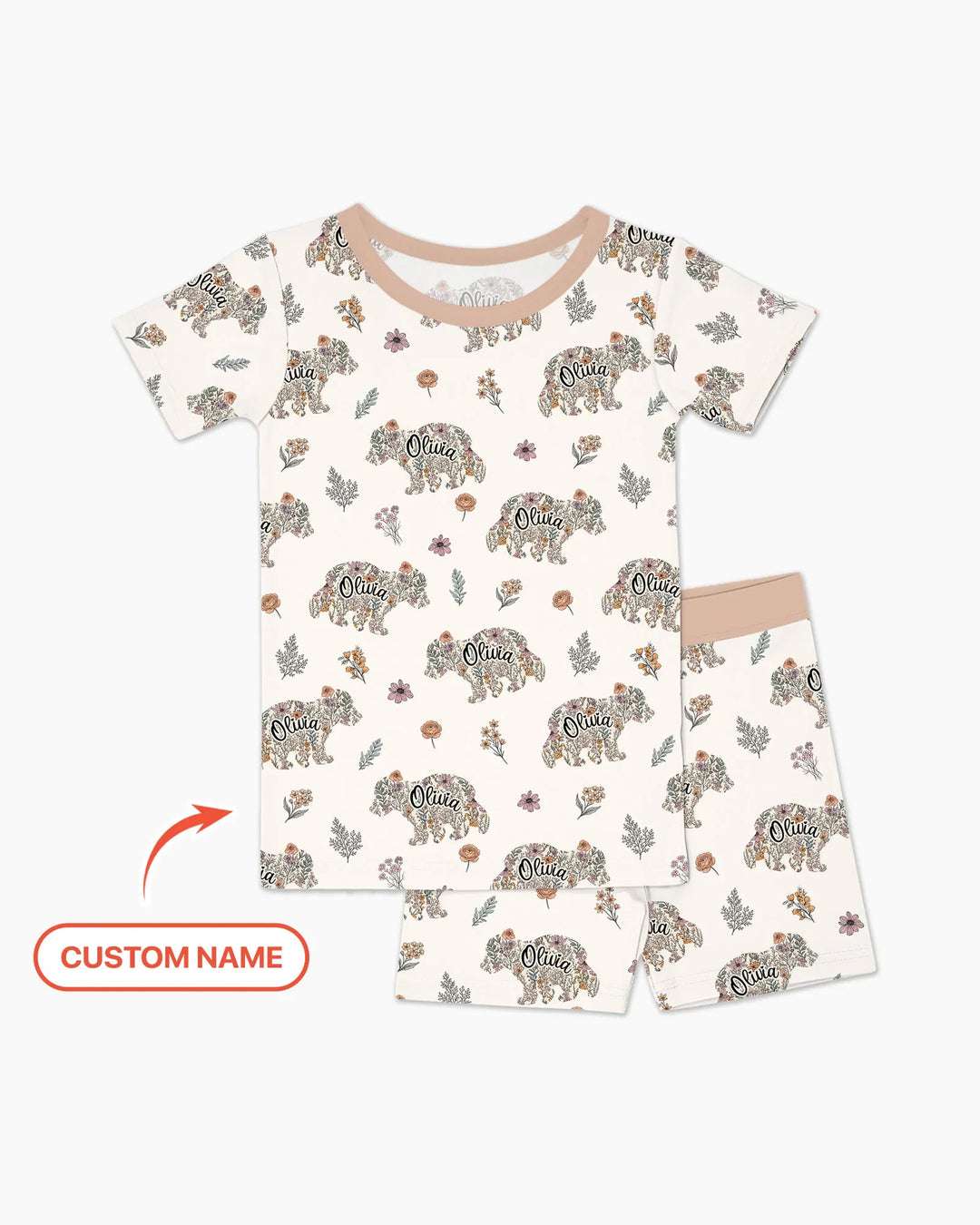 Custom Name Floral Bear Family Matching Bamboo Two Piece Short Sleeve Shorts Pajama Set