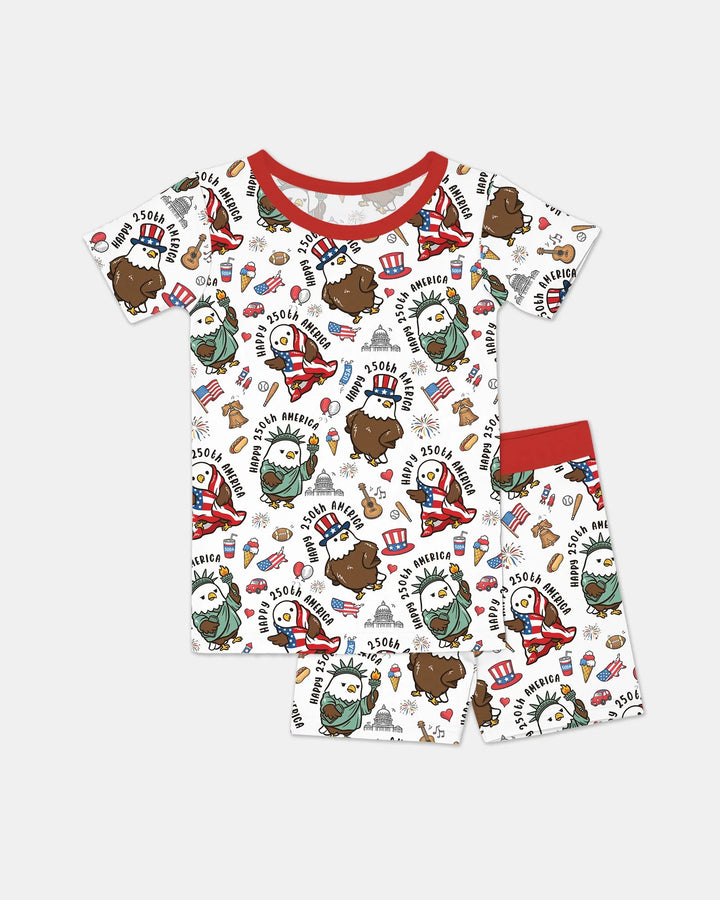 Happy 250th America Cute Patriotic Eagles Family Matching Bamboo Two Piece Short Sleeve Shorts Pajama Set