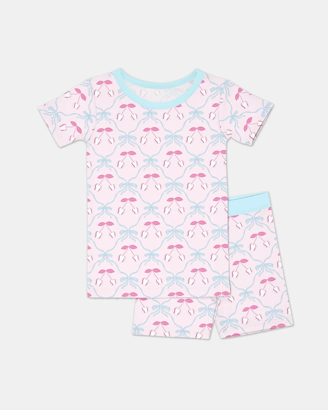 Pijama de dos piezas de bambú de manga corta con pantalones cortos a juego para madre e hija, diseño de béisbol y sóftbol de cerezas