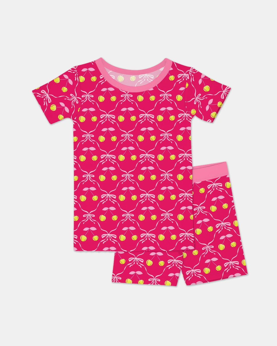 Pijama de dos piezas de bambú de manga corta con pantalones cortos a juego para madre e hija, diseño de béisbol y sóftbol de cerezas