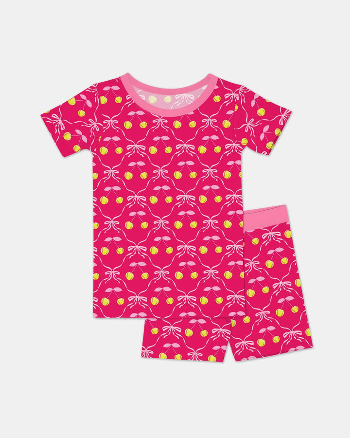 Pijama de dos piezas de bambú de manga corta con pantalones cortos a juego para madre e hija, diseño de béisbol y sóftbol de cerezas