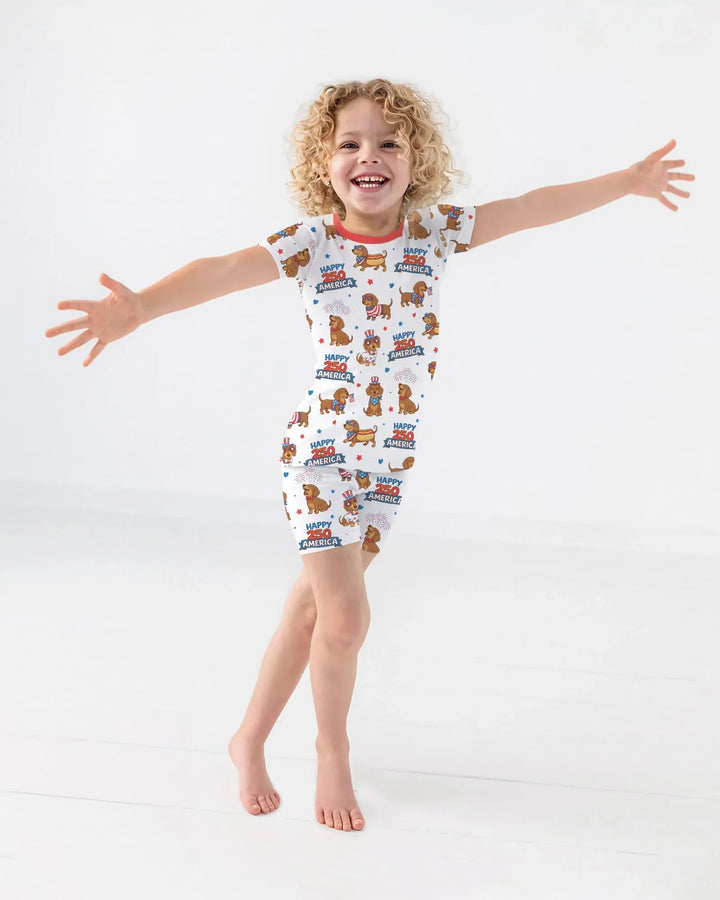 Red, White & Wiener Bamboo Two Piece Short Sleeve Shorts Pajama Set