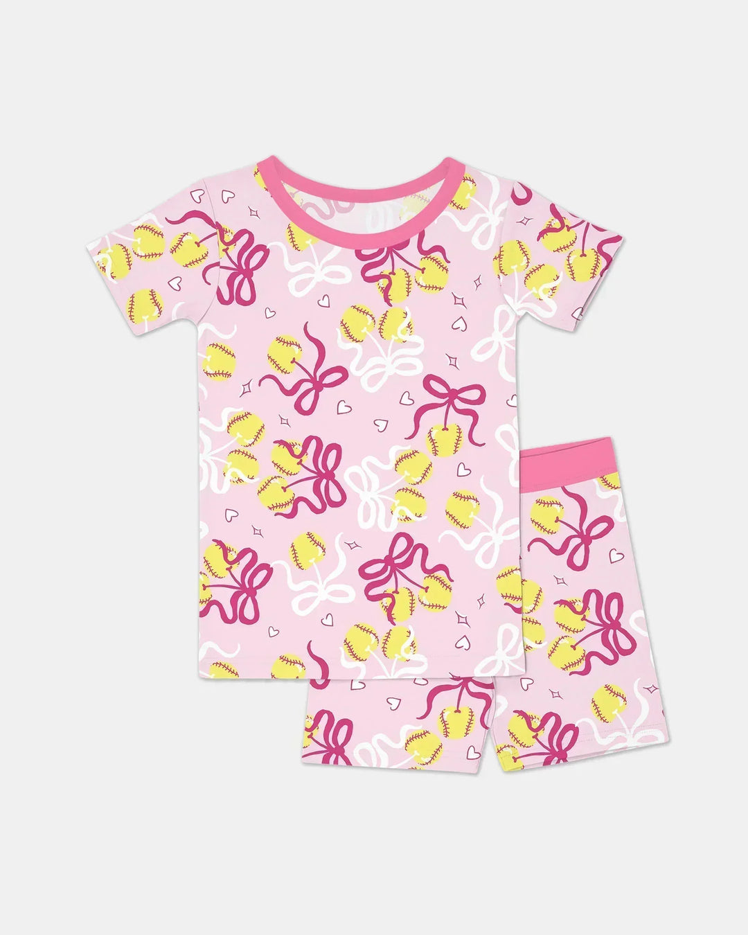 Softball Cherry Mom And Girl Matching Bamboo Two Piece Short Sleeve Shorts Pajama Set