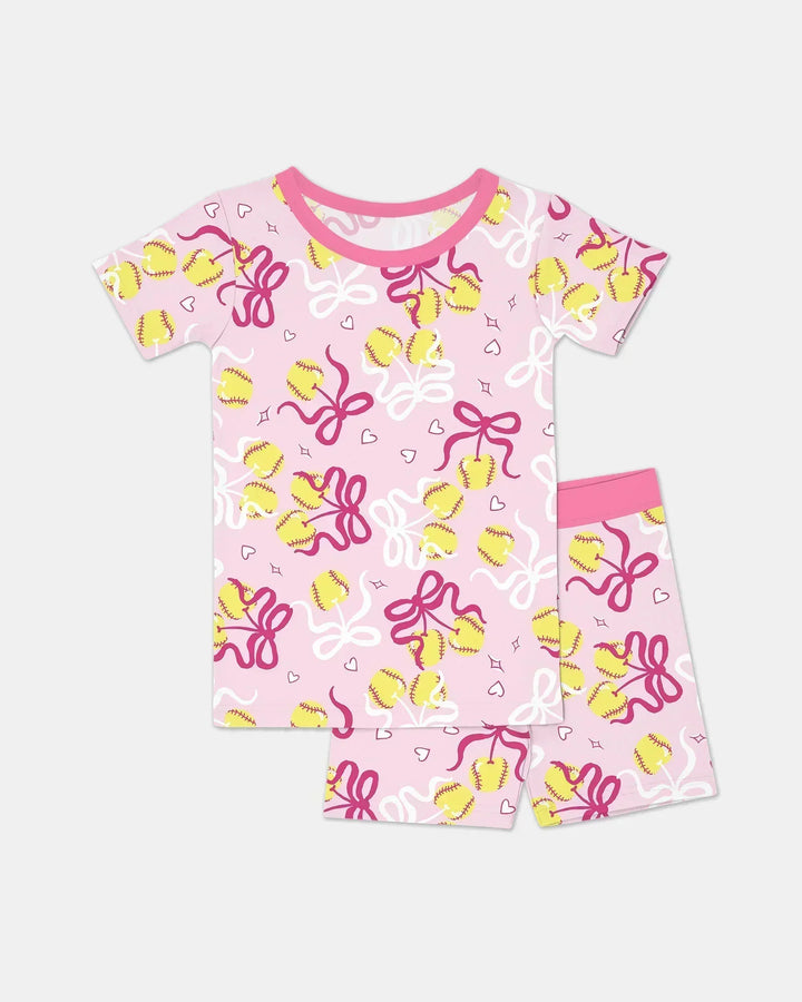 Softball Cherry Mom And Girl Matching Bamboo Two Piece Short Sleeve Shorts Pajama Set
