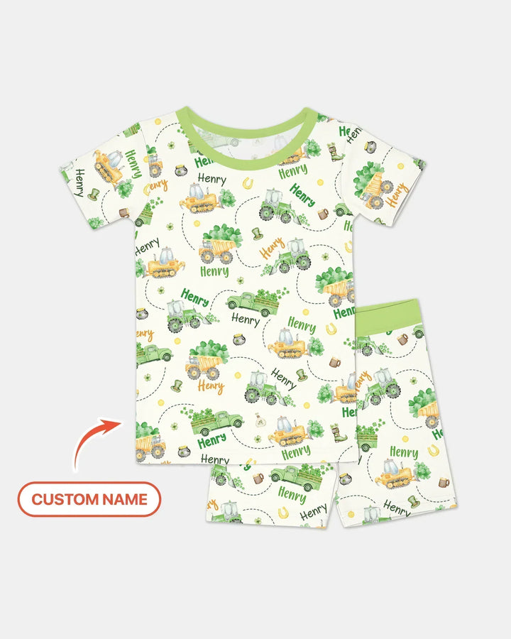 Construction St. Patrick's Day Custom Name Two Piece Short Sleeve Shorts Pajama Set