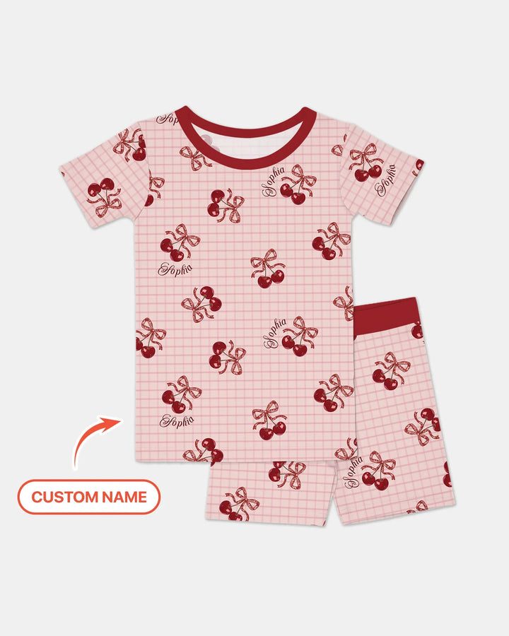 Conjunto de pijama de dos piezas de bambú de manga corta y pantalón corto para mamá y bebé Cereza