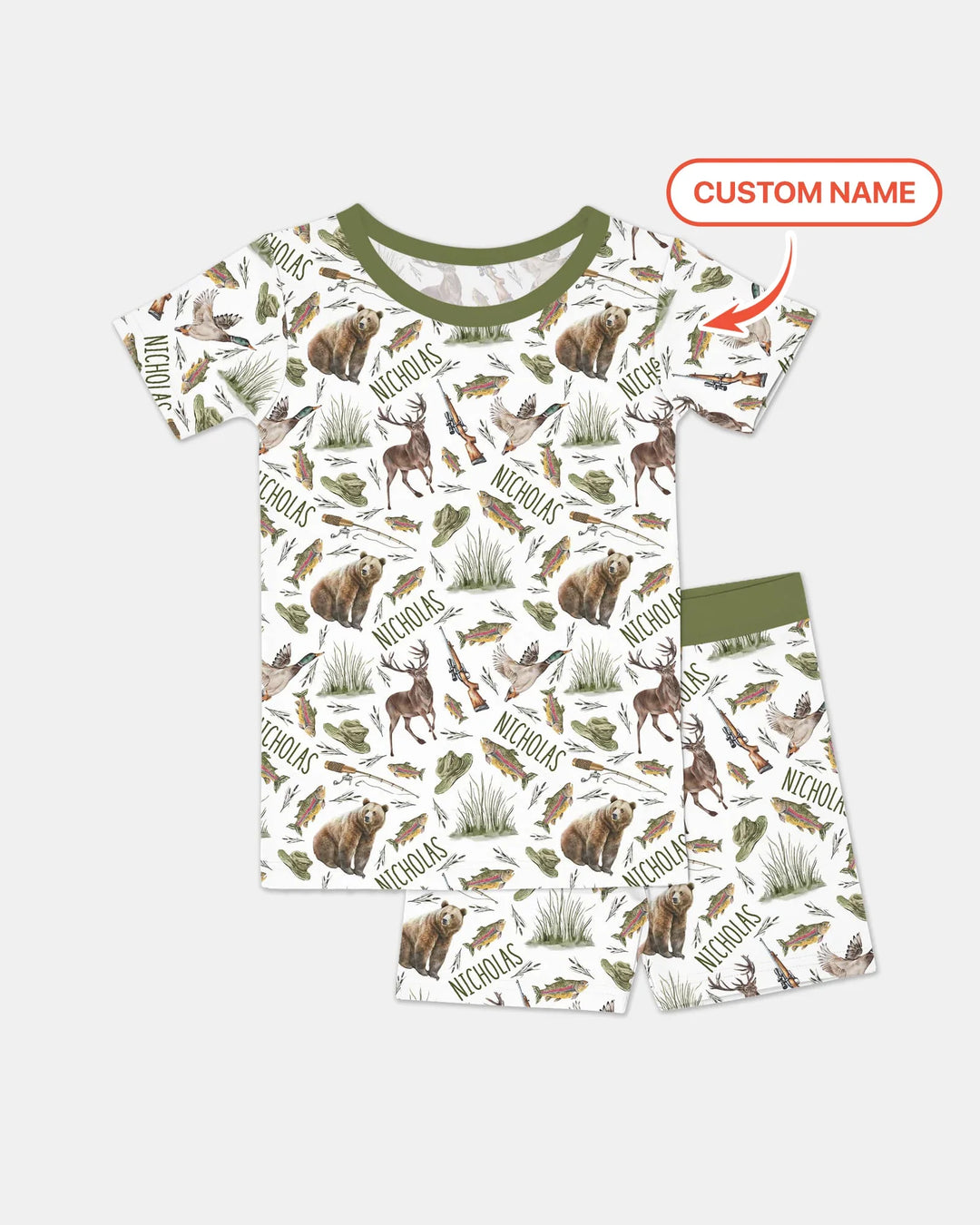 Custom Name Little Hunter Bamboo Two Piece Short Sleeve Shorts Pajama Set