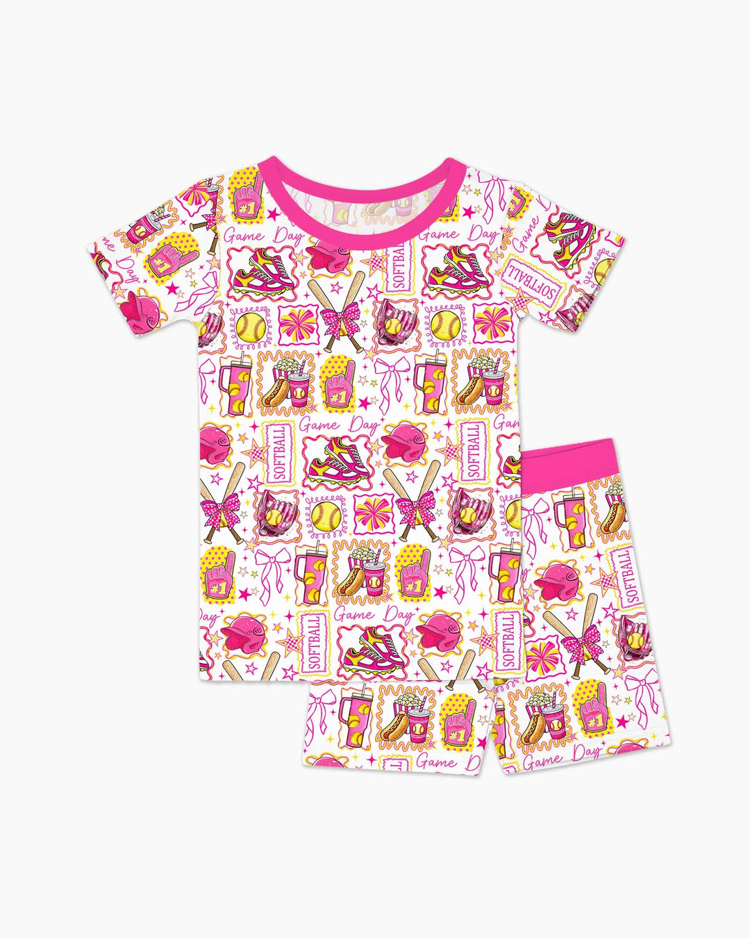 Pink Softball Game Day Bamboo Two Piece Short Sleeve Shorts Pajama Set