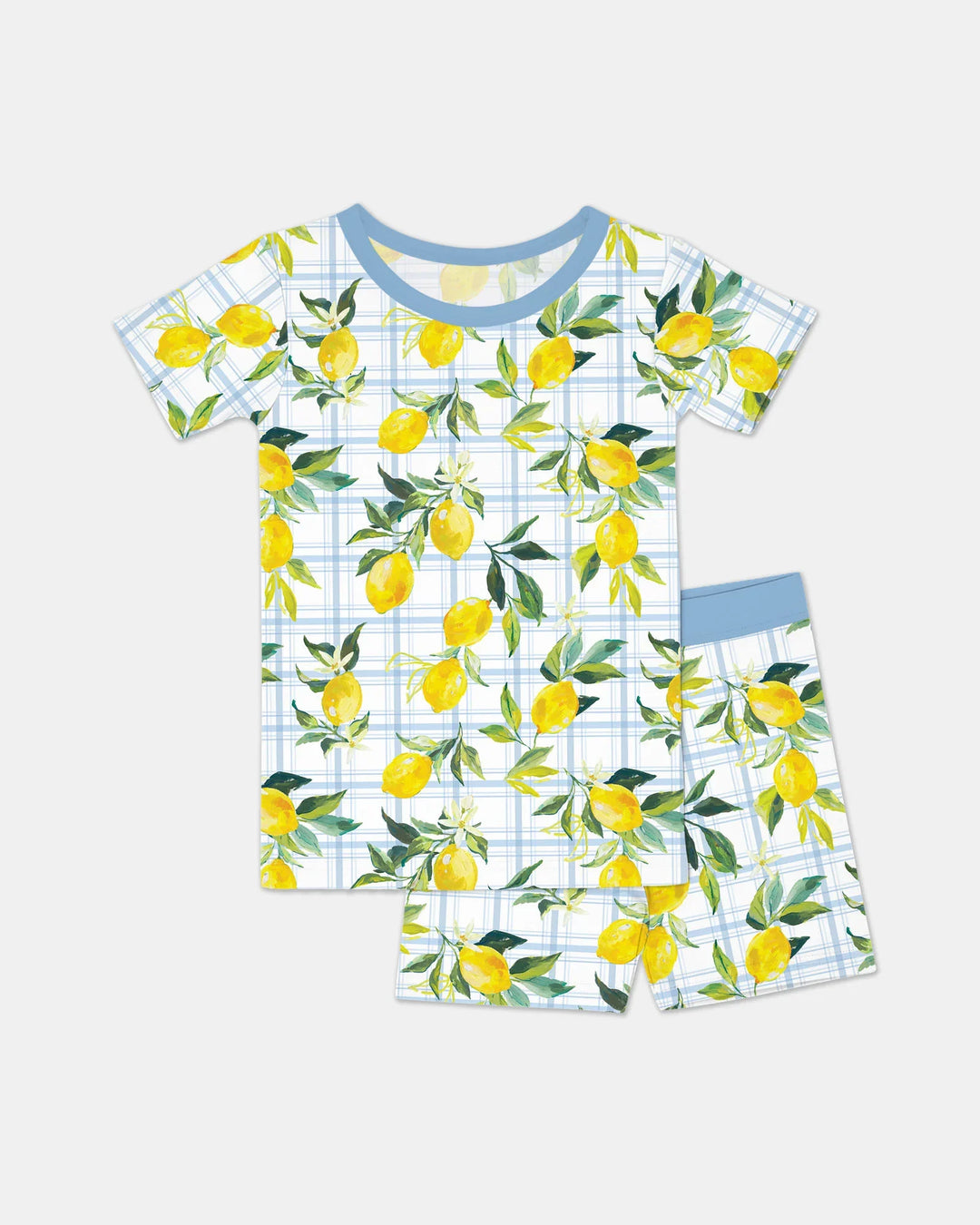 Conjunto de pijama de dos piezas de bambú, manga corta y pantalones cortos, con estampado a juego de limones mediterráneos para la familia