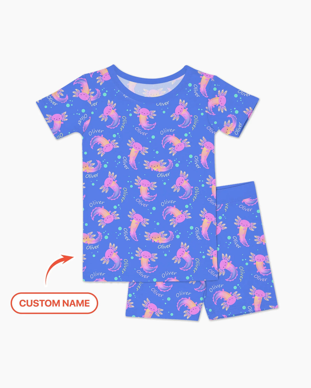 Conjunto de pijama de dos piezas de bambú con nombre personalizado de Axolote que brilla en la oscuridad, de manga corta y pantalón corto