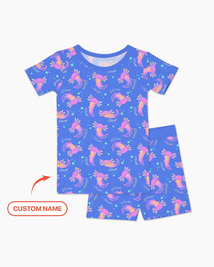 Conjunto de pijama de dos piezas de bambú con nombre personalizado de Axolote que brilla en la oscuridad, de manga corta y pantalón corto