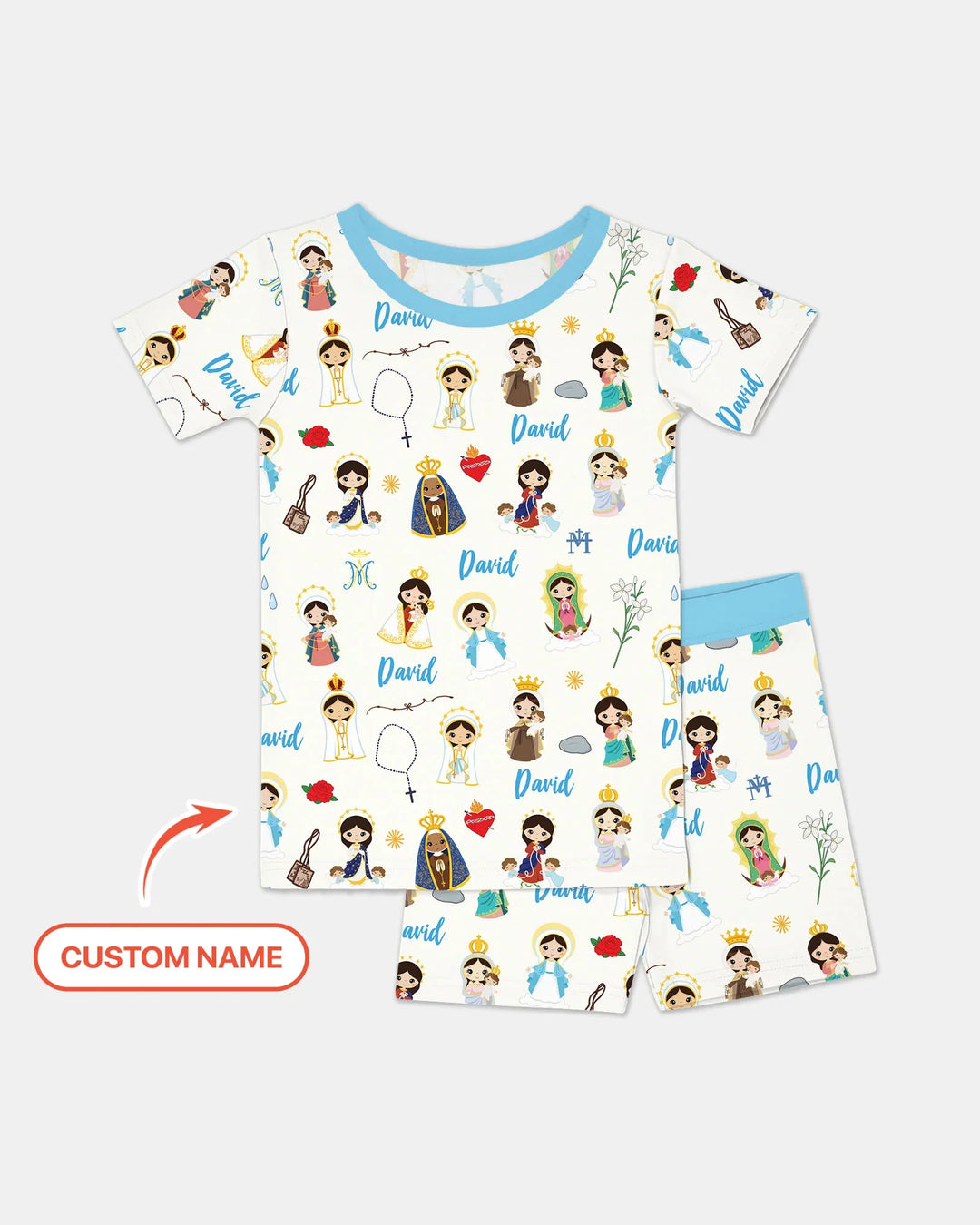 Pijama de dos piezas de bambú de manga corta y pantalón corto con nombre personalizado de la Virgen María