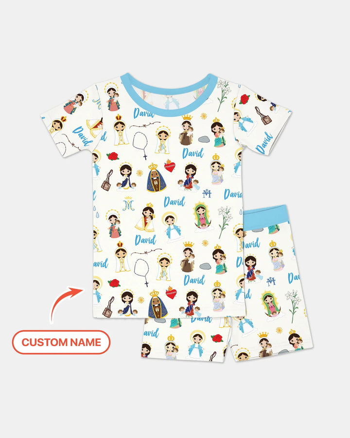 Pijama de dos piezas de bambú de manga corta y pantalón corto con nombre personalizado de la Virgen María