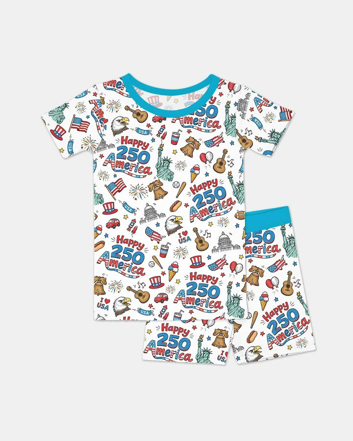 Happy 250 America I love USA Bamboo Two Piece Short Sleeve Shorts Pajama Set