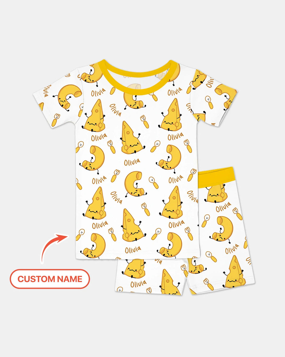 Conjunto de pijama de dos piezas de bambú de manga corta con pantalones cortos y nombre personalizado "Mac & Cheese Club"