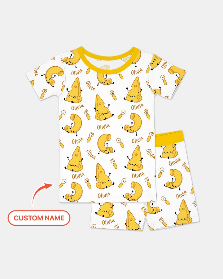 Conjunto de pijama de dos piezas de bambú de manga corta con pantalones cortos y nombre personalizado "Mac & Cheese Club"
