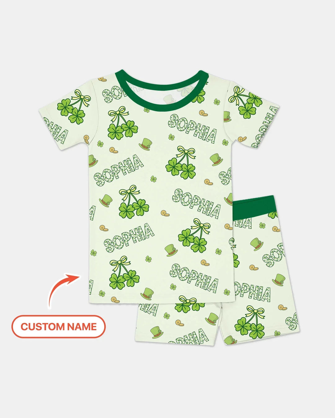 Custom Name Lucky Little Shamrock Two Piece Short Sleeve Shorts Pajama Set