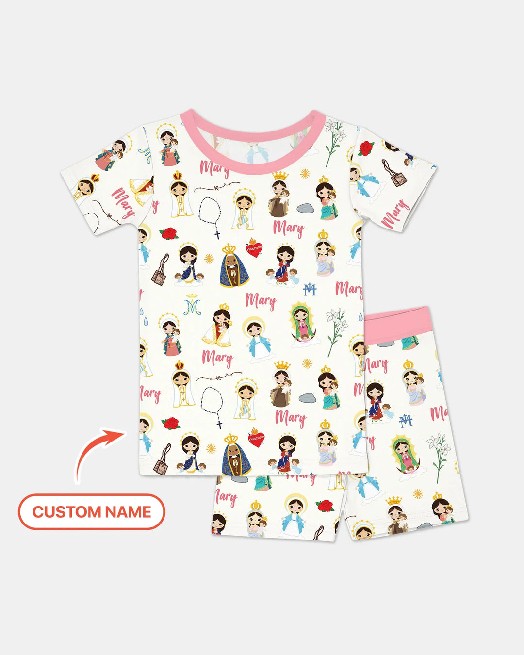 Pijama de dos piezas de bambú de manga corta y pantalón corto con nombre personalizado de la Virgen María